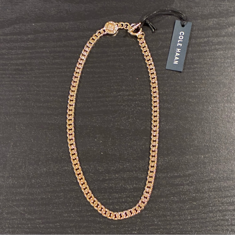 NWT Cole Haan curb chain gold tone choker, toggle closure, & large rhinestone.
